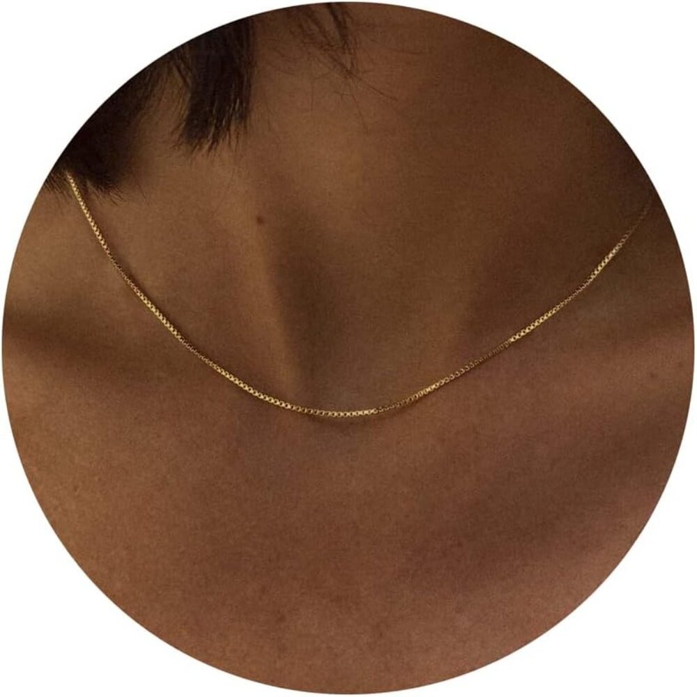 Gold Chain Necklace for Women, 14k Gold Plated Thin Beaded Wave Box Chain Neckla